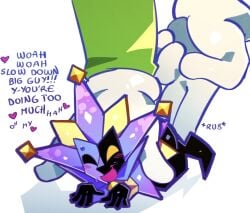 dialogue dimentio dimentiofucker69 disembodied_hands extreme_size_difference giant_male luigi mario_(series) nintendo paper_mario rubbing_pussy self_upload super_paper_mario tagme toony