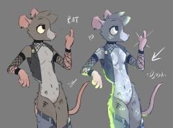 =djoyk= alternative_fashion anthro breasts clothed clothing collar female flat_chested genitals hi_res jacket mammal marker markings murid murine neon_lights neon_sign nude partially_clothed punk rat rodent sign size_difference skinny sleeves slim slim_female small_breasts smaller_female solo tattoo topwear vulva