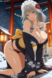 1girl ai_generated all_fours bare_shoulders black_kimono black_panties blush bow braid breasts cleavage closed_mouth collarbone digitalwaifugallery floral_print flower grayfia_lucifuge grey_eyes grey_hair hair_bow hair_flower hair_ornament hi_res high_quality high_resolution high_school_dxd japanese_clothes kimono large_breasts lipstick long_hair long_sleeves looking_at_viewer maid_headdress makeup night night_sky off_shoulder outdoors panties patreon red_lips sash seductive sexy sky smile snow solo thighs torii twin_braids uncensored underwear watermark wide_sleeves