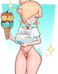 1girls alternate_version_available bare_hips big_lips bikini bikini_bottom bikini_top bimbo bimbo_lips blonde_hair blue_eyes blue_lips blue_lipstick blush bottomwear breasts choker ear_piercing earrings female female_only hair hair_over_one_eye hips holding_object holding_phone ice_cream ice_cream_cone lips lipstick mario_(series) medium_breasts nail_polish nails neckwear nintendo phone princess_rosalina purple_nail_polish purple_nails shirt solo solo_female sparkles swimwear themed_clothes thick_lips thighs tied_hair topwear white_shirt wiluma