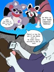 3boys anal anal_insertion anal_penetration anal_sex anonymous_male anthro anthro_only cock dick disembodied_penis fan_character femboy femboy_only gay gay_anal gay_male gay_sex holding_object holding_phone human_on_anthro indigo_park looking_at_viewer mascot_horror masturbating masturbation oc penis penis_in_ass phone phone_screen purple_body purple_fur purple_penis raccoon raccoon_dog raccoon_ears raccoon_tail rambley_(indigo_park) rambley_raccoon red_body red_fur red_panda remi_the_red_panda small_penis striped_tail text text_box text_bubble
