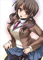 blazer blush brown_eyes brown_hair cum cum_on_body cum_on_clothes cum_on_lower_body female long_hair necktie open_mouth panties panties_under_pantyhose pantyhose sawa_okita school_uniform shinshin skirt solo tari_tari tied_hair twintails underwear