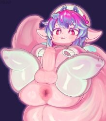 absurd_res anthro anus belly blush bodily_fluids clothing femboy footwear genitals hair hi_res hikku himuro_ruki knee_highs knee_socks legwear male mythological_creature mythology penis pink_body puffy_anus red_eyes ribbons socks solo sweat vtuber