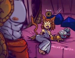 anthro anthro_female anthrofied brown_fur brown_hair feline female fur furry furry_female gameoverse glitch_productions god_of_war kaboodle_(gameoverse) kit_(gameoverse) kit_bodega kratos male male/female mrguardianeye_(artist)
