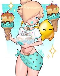 1girls alternate_version_available big_lips bikini bikini_bottom bikini_top bimbo bimbo_lips blonde_hair blue_eyes blue_lips blue_lipstick blush bottomwear breasts choker ear_piercing earrings female female_focus hair hair_over_one_eye hips holding_object holding_phone ice_cream ice_cream_cone lips lipstick luma mario_(series) medium_breasts nail_polish nails neckwear nintendo phone princess_rosalina purple_nail_polish purple_nails sarong shirt sparkles star swimwear themed_clothes thick_lips thighs tied_hair topwear white_shirt wiluma