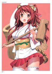 1girl :d absurdres animal_ears breasts brown_eyes clothes_lift contrapposto cowboy_shot food hammer highres japanese_clothes long_hair medium_breasts miniskirt mochi mochitsuki obi one_side_up open_mouth panties pantyshot pleated_skirt red_hair ribbon-trimmed_sleeves ribbon_trim sash simple_background skirt skirt_lift smile solo standing tail takayaki thighhighs tiger_ears tiger_tail toranoana underwear wagashi white_thighhighs