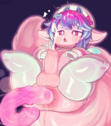 absurd_res anthro anus belly blush bodily_fluids clothing cum cum_while_penetrated dildo ejaculation femboy footwear genital_fluids genitals hair hi_res hikku himuro_ruki knee_highs knee_socks legwear male mythological_creature mythology penetration penis pink_body puffy_anus red_eyes ribbons sex_toy socks solo sweat vtuber