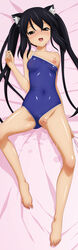 animal_ears azusa_nakano_(k-on!) barefoot black_hair blush breasts brown_eyes cat_ears clothed_navel dakimakura erect_nipples feet female highres human human_only k-on! long_hair long_image nipples pussy pussy_juice saliva school_swimsuit smile solo spread_legs strap_slip sugimura_tomokazu swimsuit swimsuit_aside tall_image tied_hair toes twintails uncensored