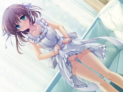 applique blush brown_hair censored game_cg green_eyes naked_apron odawara_hakone short_hair tagme_(character) tasogare_no_saki_ni_noboru_ashita