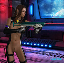 1girls 3d boobs breasts female female_focus female_only genitals gloves piercings pubic_hair pussy solo solo_female space spaceship spaceship_interior star_trek star_trek_enterprise t'pol text vulcan_(species) weapon window