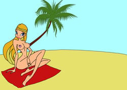 1girls 4kids_entertainment areolae blonde_hair blue_eyes breasts hentoy human lipstick long_hair looking_at_viewer mascara nickelodeon nipples nude palm_tree rainbow_(animation_studio) sand sitting smile smiling solo stella stella_(winx_club) tagme thin_waist wasp_waist winx_club