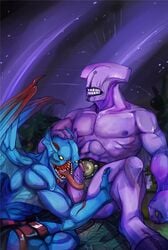 balanar blue_skin darkterror dota_2 dragonasis faceless_void fellatio gay muscular night_stalker oral oral_sex purple_skin tongue wings yaoi