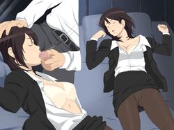 amagami bed belt black_hair bra breasts censored closed_eyes cottage fellatio female hand_on_head lying open_clothes open_mouth open_shirt oral panties pantyhose partial_male penis shirt short_hair skirt sleep_molestation sleeping takahashi_maya white_bra white_shirt