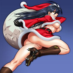 aozoraichi ass black_hair breasts censored character_request highres no_panties original pussy santa_costume underboob yellow_eyes