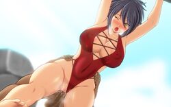 areola_slip areolae bent_over black_hair blush breasts censored cleavage erect_nipples female from_behind highres human large_breasts looking_down male penis sex sheena_fujibayashi short_hair source_request straight swimsuit tales_of_(series) tales_of_symphonia tomite vaginal_penetration wink yellow_eyes