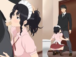 amagami bathroom black_eyes black_hair blush censored cottage fellatio female hand_on_head looking_down necktie open_mouth oral panties pantyhose penis ponytail shoes short_hair skirt squatting standing sweat tanamachi_kaoru tied_hair toilet waitress