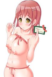 arykei blush breasts brown_hair christmas female looking_at_viewer naked_ribbon nipples original pussy ribbon solo yellow_eyes