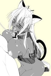 animal_ear animal_ears antenna_hair blush breasts censored collar cum cum_in_mouth cum_on_body cum_on_breasts cum_on_upper_body dark_elf dark_skin elf facial female kouki_kuu large_breasts long_hair monochrome open_mouth paizuri penis pointy_ears sansei_muramasa soukou_akki_muramasa tail white_hair