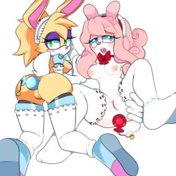 2girls 7mii anal anthro anthro_only ass breasts bunnie_rabbot buttplug eyelashes eyeliner eyeshadow female female_only frills furry furry_only hi_res leggings lingerie maid maid_headdress makeup medium_breasts nipples pussy sonic_(series) stockings thighhighs