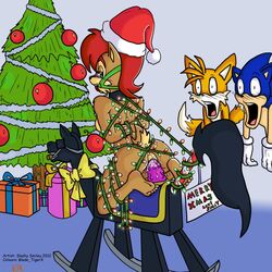 arms_behind_back arms_tied ball_gag blade_tigerx blue_fur blush bondage breasts christmas christmas_present collar cum cum_in_pussy dildo female fur furry furry_tail hedgehog kneeling looking_back male mammal multiple_tails on_display present restrained sally_acorn sega slashysmiley sonic_(series) sonic_the_hedgehog tail tails