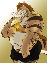 belly biceps chubby clothing dragon feline furry grisser hybrid looking_at_viewer male male_only mel_(character) muscles no_humans pecs penis shorts solo teasing thenamesmel tiger undressing vest