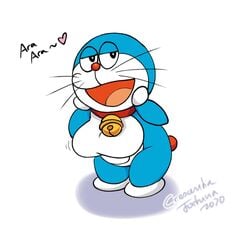 adorable ass big_ass big_breasts big_butt blue_body blue_skin breasts busty chubby chubby_female collar crescentia cute cute_face doraemon doraemon_(character) eyes_half_closed feline female female_only happy happy_face heart huge_breasts jingle_bell love open_mouth overweight overweight_female red_collar red_nose red_tail robot robot_cat rule_63 smile smiling solo solo_female text whiskers white_feet white_hands