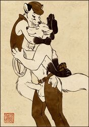 anthro assless_chaps balls belt bottomless canine cowboy erection fox fur furry furry_only gay gloves half-dressed hat keovi licking male no_humans penis rope sheath tongue wolf