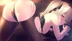 animal_ears anus bangs black_hairband black_legwear black_leotard black_ribbon blonde_hair blush breasts censored closed_mouth clothing_aside eyebrows_visible_through_hair fake_animal_ears female game_cg hair_between_eyes hair_ribbon hairband highres kyokugen_chikan_tokuiten_(series) kyokugen_chikan_tokuiten_2 leotard leotard_aside leotard_pull liza_volkova long_hair looking_at_viewer looking_back m&m_(mickey_and_mackey) medium_breasts mosaic_censoring nipples official_art pantyhose pussy rabbit_ears red_eyes ribbon smile solo strapless strapless_leotard torn_clothes torn_legwear twintails wrist_cuffs