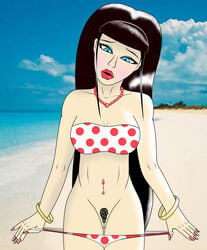 1girls beach bikini black_hair blue_eyes bluec bratz cleavage female female_only infiniteblue jade_(bratz) lipstick long_hair looking_down nail_polish navel_piercing necklace panties pubic_hair solo