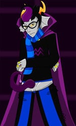 1boy annoyed arms_folded black_hair cape clothing eridan_ampora fins glasses grey_skin homestuck horns looking_at_viewer male_focus male_only ms_paint_adventures pants_down purple_highlights ring scarf short_hair solo solo_male tentabulge tentacle_penis troll yellow_eyes