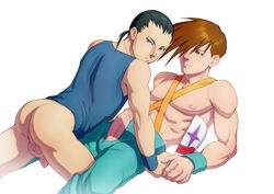 2boys ass balls boner chang_wufei erect_penis erection erection_through_clothing flaccid flaccid_penis gay gundam looking_at_viewer male male/male male_only penis schizoid tagme tank_top trowa_barton yaoi