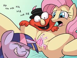 crossover elmo equine fluttershy_(mlp) friendship_is_magic jake_lion my_little_pony sesame_street straight_hair twilight_sparkle_(mlp) what