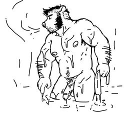 1boy balls bathing bear chub chubby hairy male male_only nipples penis pubes solo wash_cloth water wolfyama