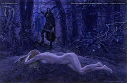 1girls blonde_hair clothed_male_nude_female english_text female light-skinned_female literature lord_of_the_rings nienor_niniel nude_female_clothed_male outdoors rain ted_nasmith text the_silmarillion turin_turambar