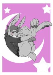 1boy anthro ass balls blush dragondrawer fur furry lagomorph legs_up male male_only moon penis rabbit showing_off solo stars tucker_(character)