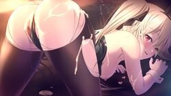 :d animal_ears anus bangs black_hairband black_legwear black_leotard black_ribbon blonde_hair blush breasts censored clothing_aside cum cum_on_body cum_on_hair eyebrows_visible_through_hair fake_animal_ears female game_cg hair_between_eyes hair_ribbon hairband highres kyokugen_chikan_tokuiten_(series) kyokugen_chikan_tokuiten_2 leotard leotard_aside leotard_pull liza_volkova long_hair looking_at_viewer looking_back m&m_(mickey_and_mackey) medium_breasts mosaic_censoring nipples official_art open_mouth pantyhose pussy pussy_juice rabbit_ears red_eyes ribbon smile solo strapless strapless_leotard torn_clothes torn_legwear twintails wrist_cuffs