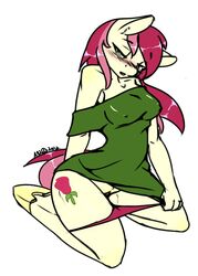 2012 anthro avante92 bare_shoulders blush earth_pony equine friendship_is_magic green_eyes hooves humanized looking_at_viewer my_little_pony panties panties_down pink_hair pussy red_hair roseluck_(mlp) tail two_tone_hair two_tone_tail undressing white_background