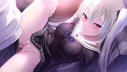 1boy bangs black_dress black_ribbon blue_neckwear blush breasts censored closed_mouth clothes_lift dress dress_lift eyebrows_visible_through_hair female game_cg hair_between_eyes hair_ribbon highres kyokugen_chikan_tokuiten_(series) kyokugen_chikan_tokuiten_2 leg_lift liza_volkova long_hair m&m_(mickey_and_mackey) medium_breasts mosaic_censoring official_art penis pussy red_eyes ribbon sailor_collar sailor_dress sex short_dress silver_hair smile straight thigh_gap twintails very_long_hair white_sailor_collar