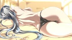 16:9 ass back ebido female gray_hair highres large_breasts long_hair lying on_side panties selvaria_bles silver_hair solo thong topless underwear valkyria_chronicles