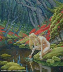 artist_name blonde_hair creek elena_kukanova female fine_art forest human kneeling light-skinned_female literature lord_of_the_rings moss nienor_niniel nude_female outdoor_nudity outdoors reflective_water the_silmarillion tree trees