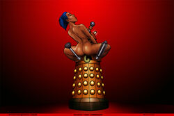 1girls alien ambiguous_gender ambiguous_penetration blue_hair cyborg dalek dark-skinned_female doctor_who extro female female_on_top human human_on_robot interspecies martha_jones nude_female simple_background tagme