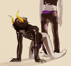 2boys all_fours black_hair closed_mouth cum facepaint forced_yaoi gamzee_makara grey_background grey_skin homestuck horns incest kurloz_makara liquid male male_only ms_paint_adventures no_eyes rape short_hair sweat tentabulge tentacles trembling troll yaoi yellow_nails