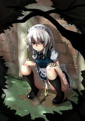 blue_eyes blush braid censored female highres maid maid_headdress mary_janes peeing pussy sakuya_izayoi shoes short_hair silver_hair solo squatting touhou twin_braids wakie