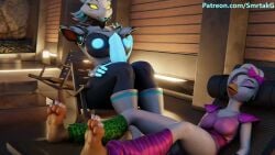 3d anthro beak big_penis black_body blender blender3d blender_(artwork) blender_(software) blender_cycles boots breasts canine_penis chair chica_(fnaf) cyan_nipples cyan_penis earrings futanari glamrock_chica_(fnaf) glamrock_chica_(mayosplash) glowing_eyes glowing_fingers glowing_genitalia glowing_nipples glowing_penis hot_spring intersex lights mountain neon_fingers neon_tail patreon_link patreon_url patreon_username penis relaxing sleeping smrtakg smrtakg socks tasque_manager_(deltarune) tasque_manager_(mayosplash) white_body white_boots white_hair white_head white_skin white_topwear