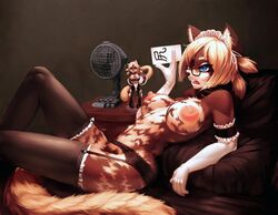 anthro areola breasts card cat catgirl figure furry garter_belt glasses lying nipples octamous open_mouth