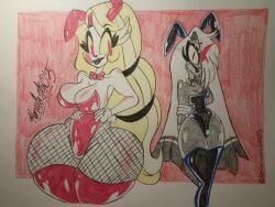 alexcartoons2005 artist_signature blonde_hair breasts bunny_ears bunnysuit charlie_morningstar_(hazbin_hotel) demon female female_only fishnets grey_body hazbin_hotel hyper_thighs looking_at_viewer monster_girl necklace non-human playboy_bunny sketch tagme thick_thighs vaggie_(hazbin_hotel) white_body white_hair yellow_eyes
