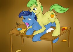 2boys abstract_background anal anal_sex cum cutie_mark equine friendship_is_magic my_little_pony night_light_(mlp) open_mouth sex spilled_drink table_sex tongue_out uncle_orange_(mlp) unicorn yaoi