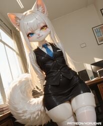 absurd_res ai_generated anthro blue_eye blue_tie cat_ears feline fluffy_tail furry heterochromia hi_res long_hair looking_at_viewer mammal maria_(xorvexai) office office_lady office_uniform pencil_skirt shortstack small_breasts standing tagme thick_thighs white_fur white_hair white_thighhighs xorvexai yellow_eye