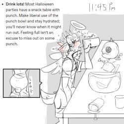anthro bladder_bulge blush blush_lines bodily_fluids bulge clothing costume cross cross_necklace deer digital_drawing_(artwork) digital_media_(artwork) drinking english_description english_text furniture genital_fluids halloween halo hand_on_crotch hi_res holidays jewelry leaking_urine male mammal necklace omorashi overalls paddle-boat punch_(drink) punch_bowl restricted_palette skull_decoration solo table text time urine