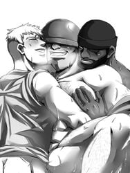 bara bottomless demoman demoman_(team_fortress_2) happy happy_sex human lonlon3tolonlon4 male male_only monochrome multiple_boys muscle nude scout scout_(team_fortress_2) soldier soldier_(team_fortress_2) sweat team_fortress_2